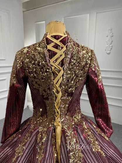 Sparkly Gold Long Sleeve Wedding Dress High Neck 66754 Burgundy-prom dresses 2025 -Viniodress-Burgundy-US 2-