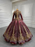 Prom Dress 2025 Sparkly Gold Long Sleeve Wedding Dress High Neck 66754 Burgundy-unique prom dresses-Burgundy-US 2-Viniodress