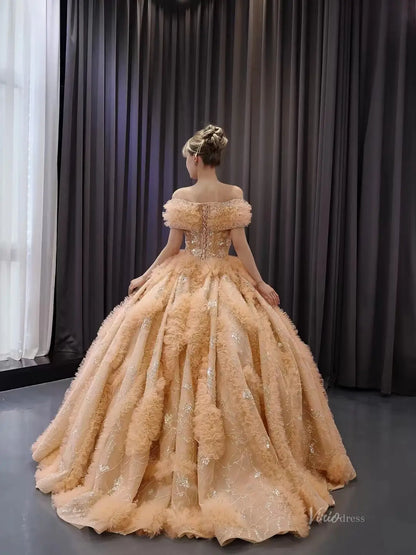 Sparkly Gold Quinceañera Dress with Off-the-Shoulder Ruffle Sleeves & Corset Back 251067-Quinceanera Dresses 2026-Viniodress-Gold-Custom Size-