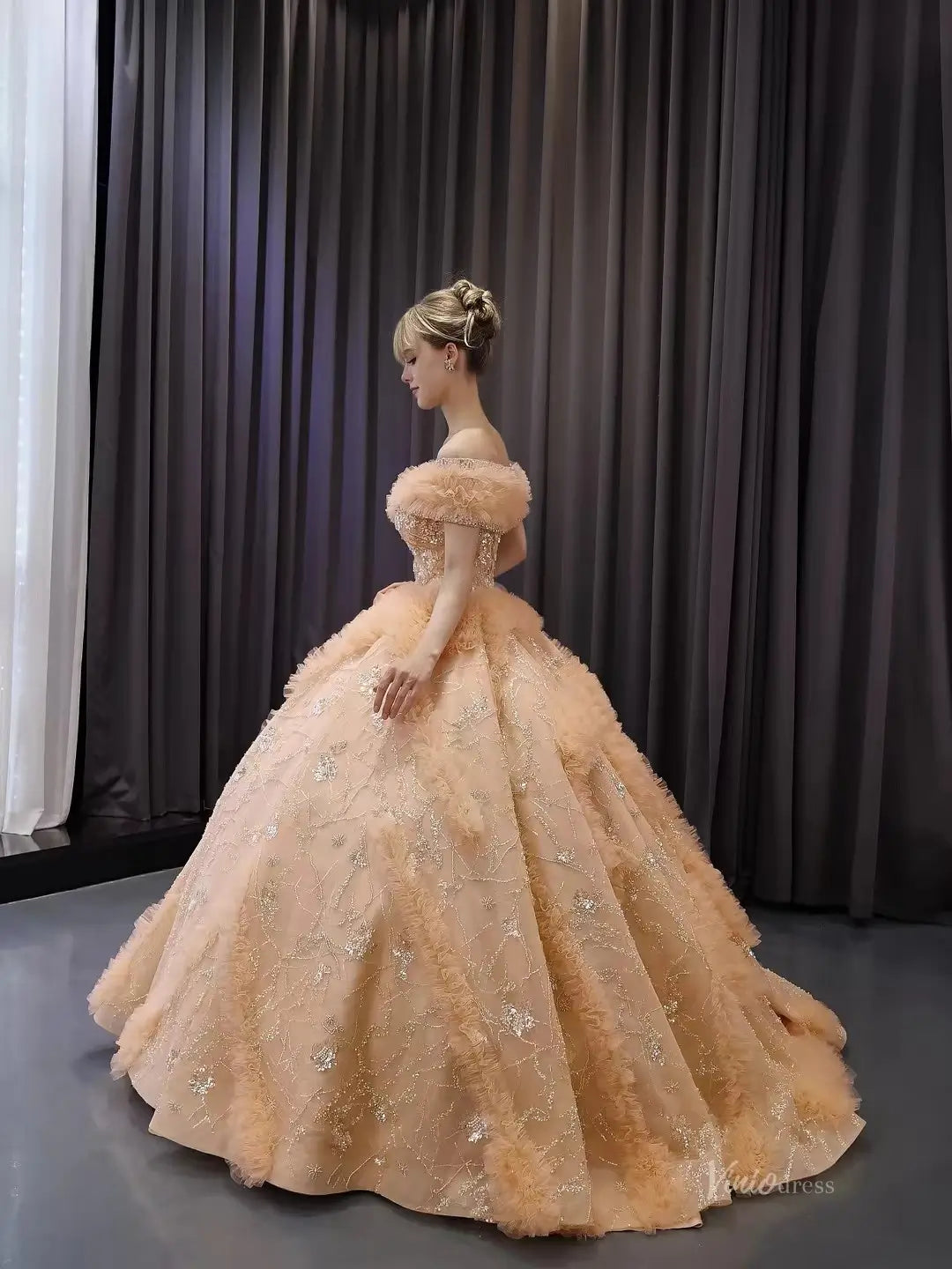 Sparkly Gold Quinceañera Dress with Off-the-Shoulder Ruffle Sleeves & Corset Back 251067-Quinceanera Dresses 2026-Viniodress-Gold-Custom Size-