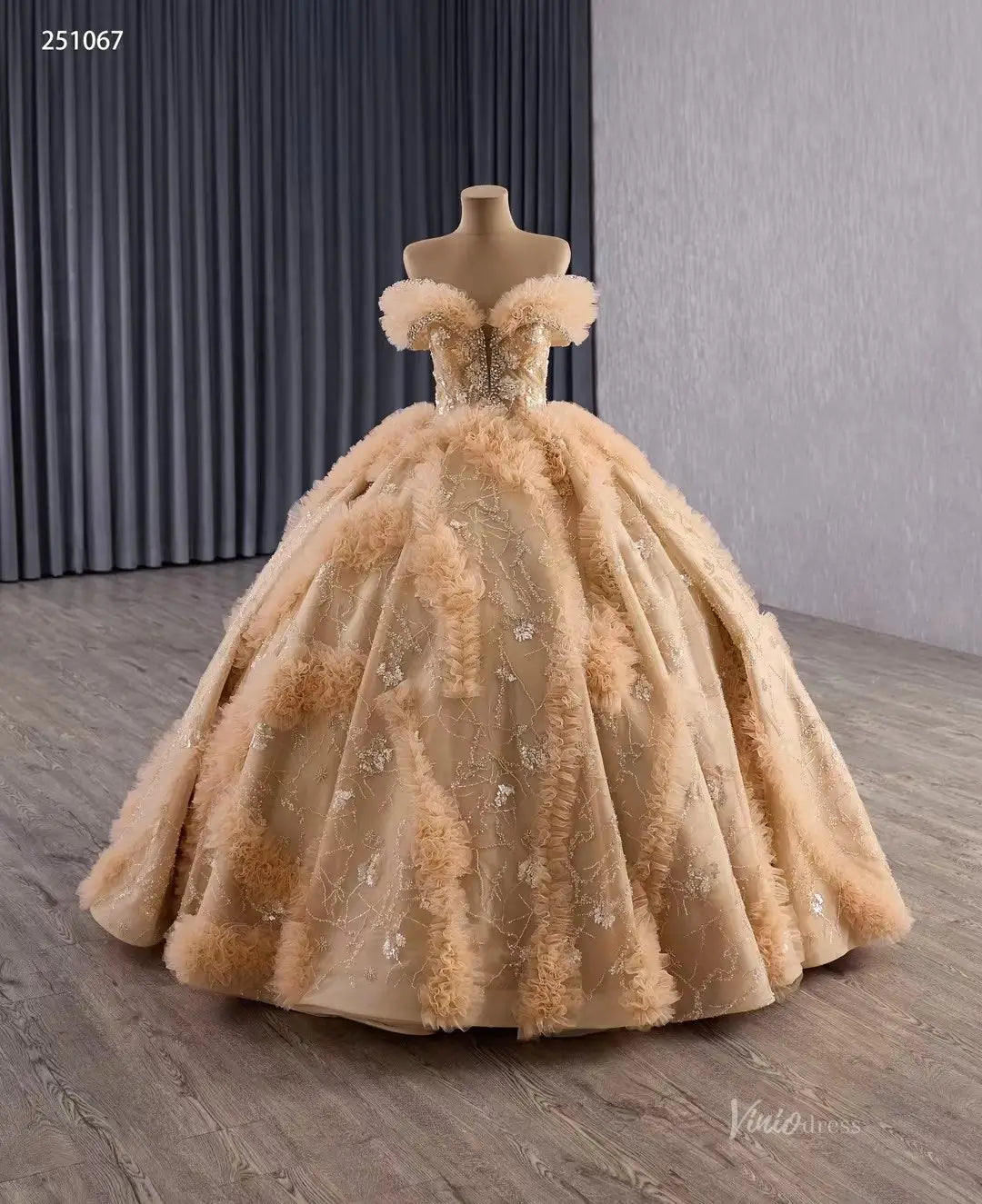 Sparkly Gold Quinceañera Dress with Off-the-Shoulder Ruffle Sleeves & Corset Back 251067-Quinceanera Dresses 2026-Viniodress-Gold-Custom Size-