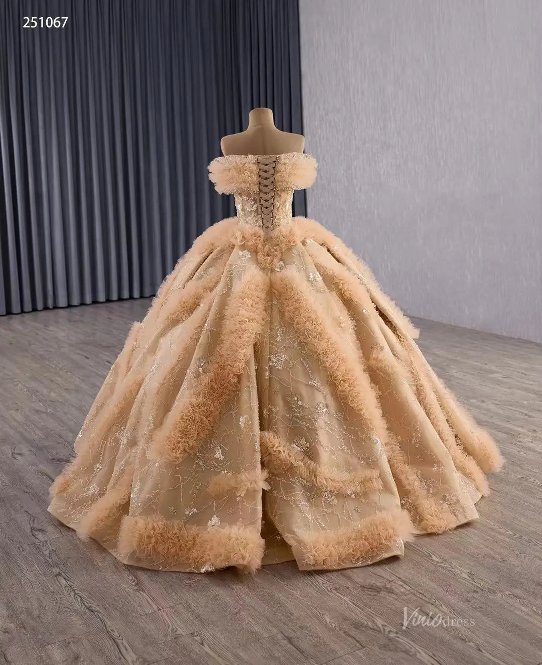 Sparkly Gold Quinceañera Dress with Off-the-Shoulder Ruffle Sleeves & Corset Back 251067-Quinceanera Dresses 2026-Viniodress-Gold-Custom Size-