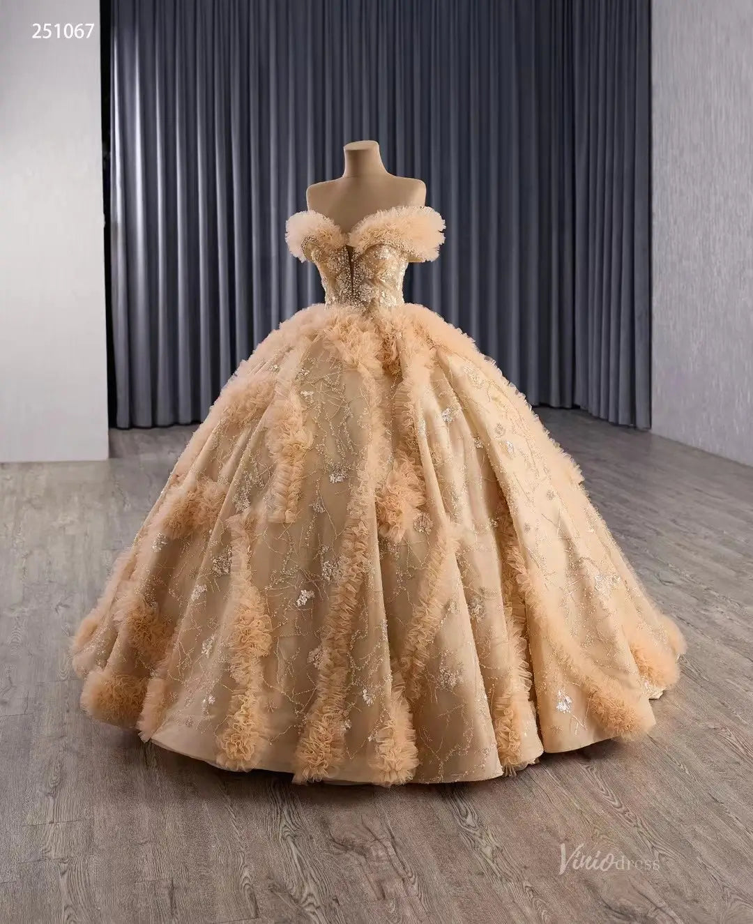 Sparkly Gold Quinceañera Dress with Off-the-Shoulder Ruffle Sleeves & Corset Back 251067-Quinceanera Dresses 2026-Viniodress-Gold-Custom Size-