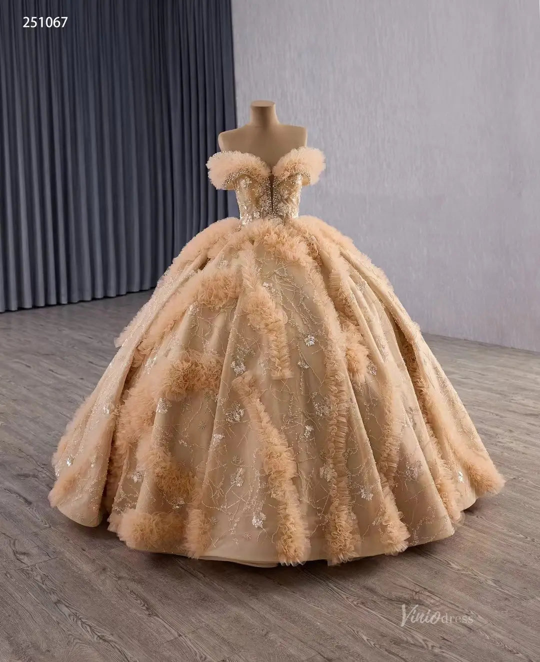 Sparkly Gold Quinceañera Dress with Off-the-Shoulder Ruffle Sleeves & Corset Back 251067-Quinceanera Dresses 2026-Viniodress-Gold-Custom Size-