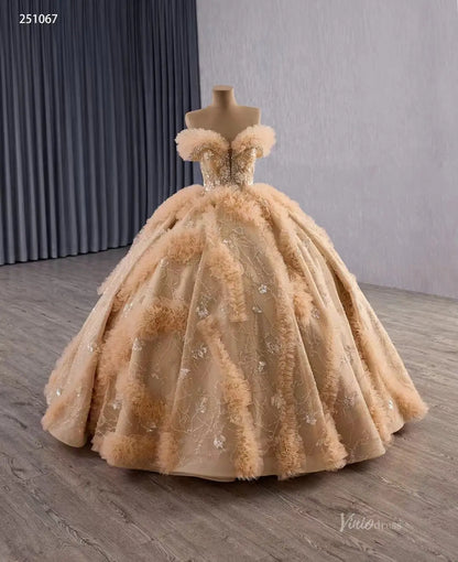 Sparkly Gold Quinceañera Dress with Off-the-Shoulder Ruffle Sleeves & Corset Back 251067-Quinceanera Dresses 2026-Viniodress-Gold-Custom Size-