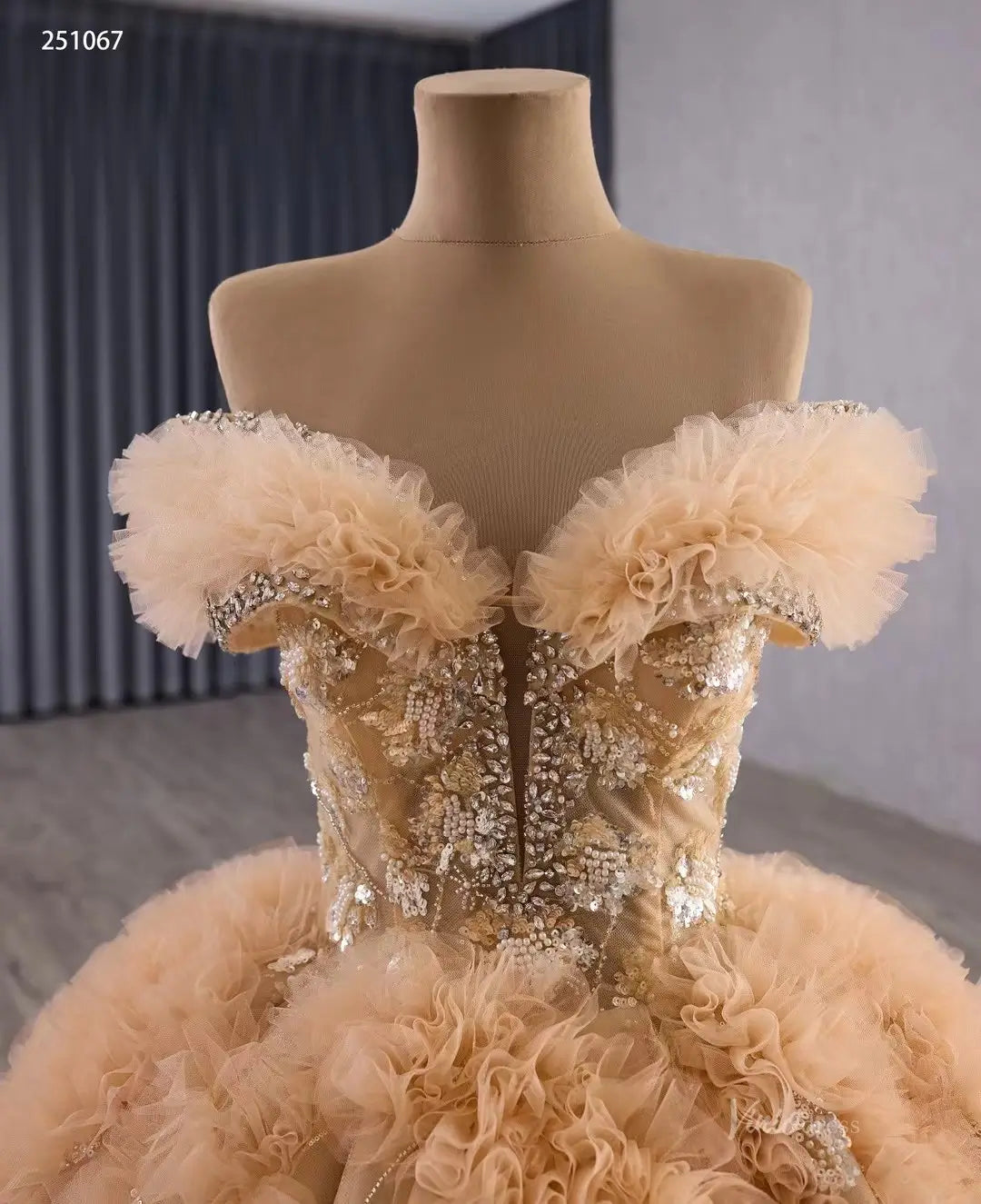 Sparkly Gold Quinceañera Dress with Off-the-Shoulder Ruffle Sleeves & Corset Back 251067-Quinceanera Dresses 2026-Viniodress-Gold-Custom Size-
