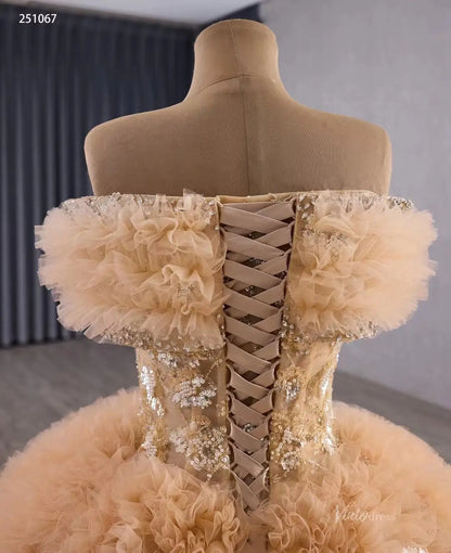 Sparkly Gold Quinceañera Dress with Off-the-Shoulder Ruffle Sleeves & Corset Back 251067-Quinceanera Dresses 2026-Viniodress-Gold-Custom Size-