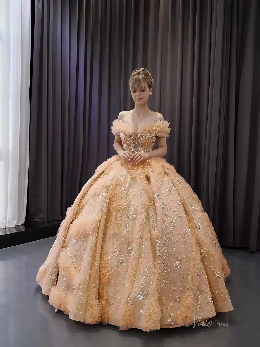 Sparkly Gold Quinceañera Dress with Off-the-Shoulder Ruffle Sleeves & Corset Back 251067-Quinceanera Dresses 2026-Viniodress-Gold-Custom Size-