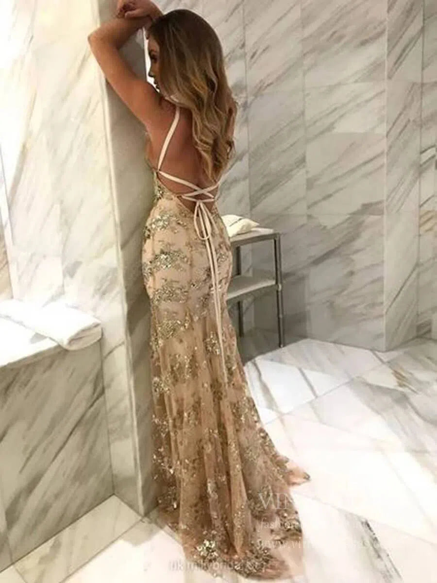 Sparkly Gold Sequin Mermaid Prom Dresses Spaghetti Strap Formal Dresses FD1683-prom dresses 2025 -Viniodress-Gold-Custom Size-