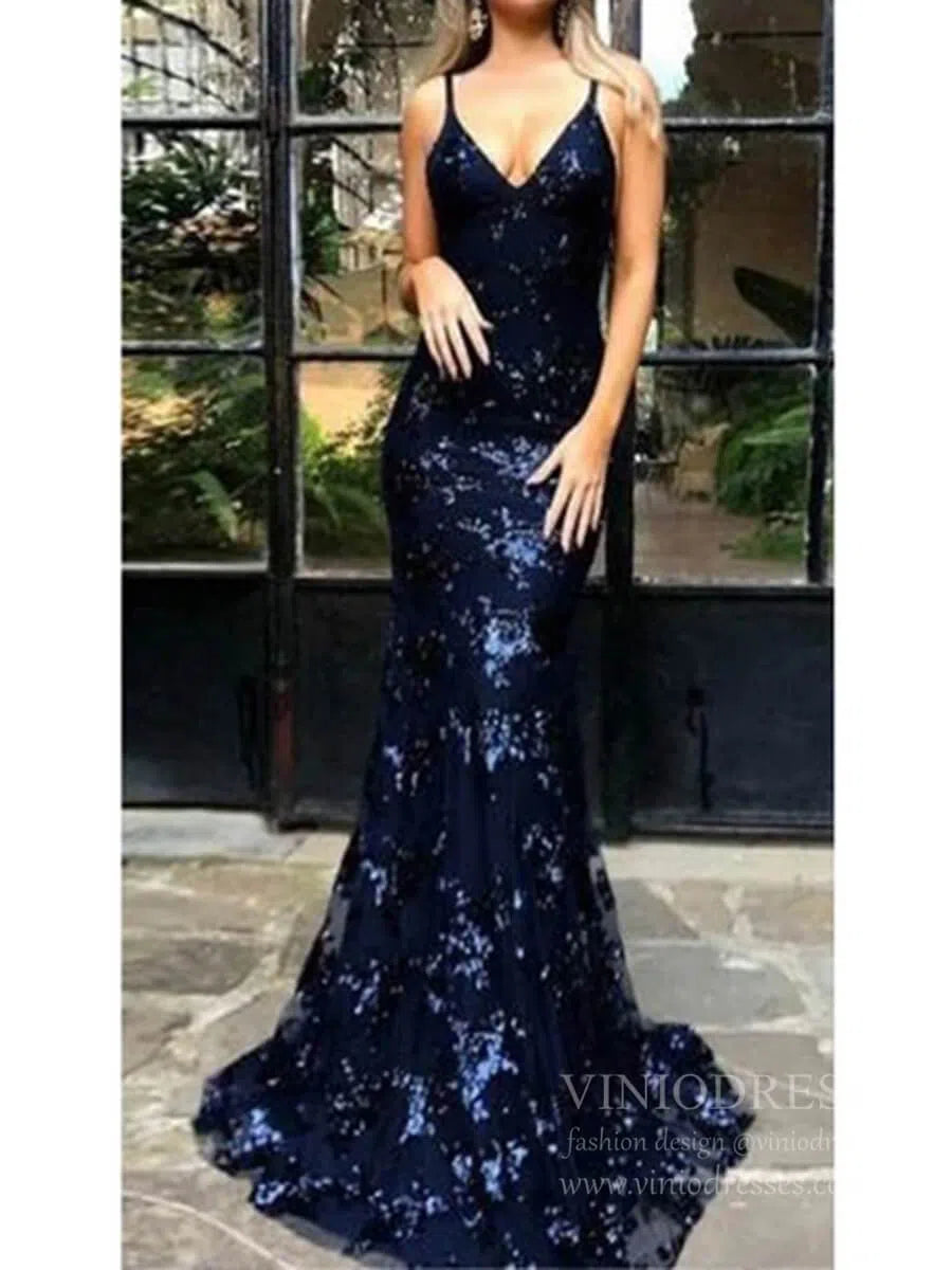 Sparkly Gold Sequin Mermaid Prom Dresses Spaghetti Strap Formal Dresses FD1683-prom dresses 2025 -Viniodress-Navy Blue-Custom Size-