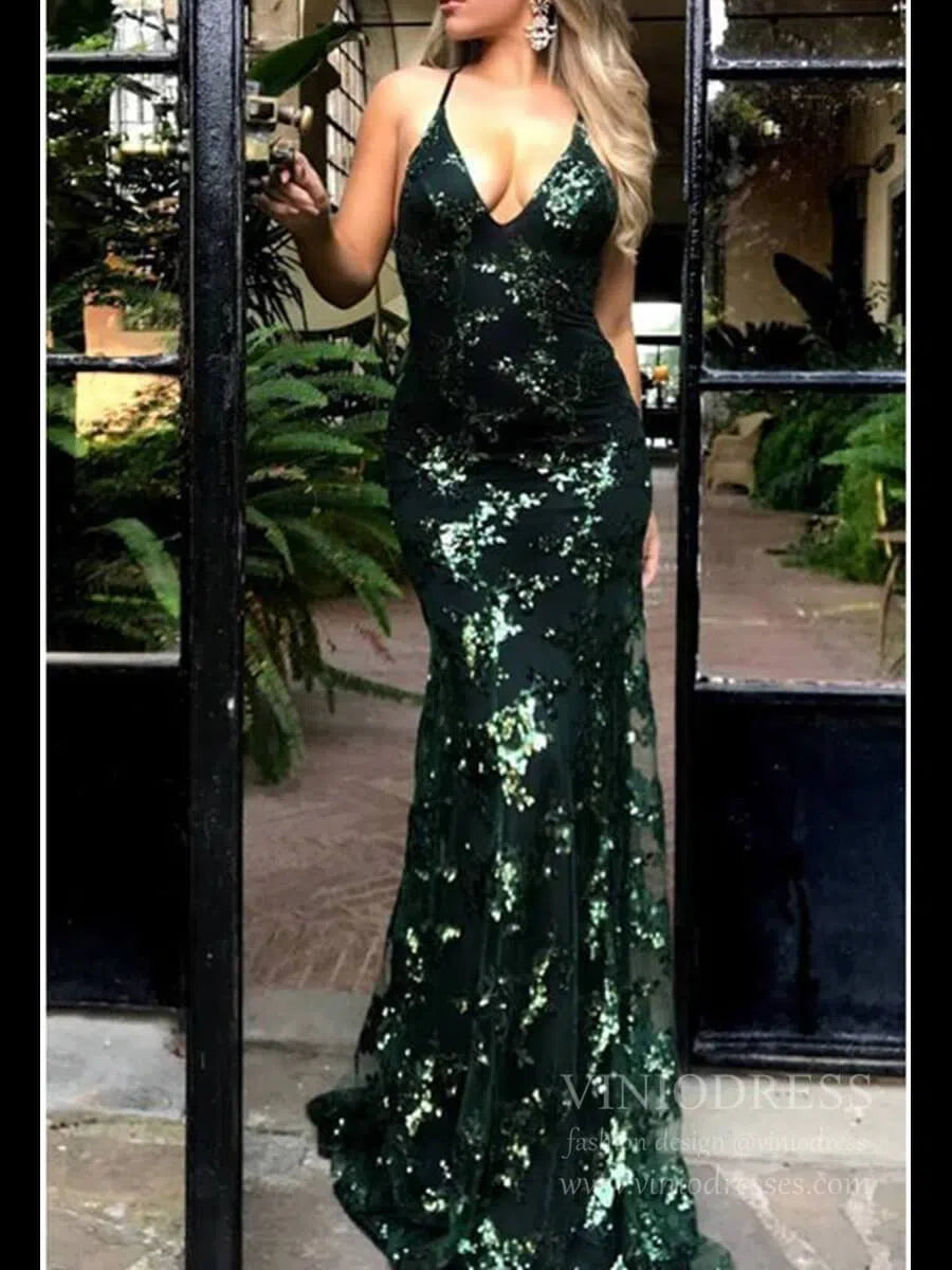 Sparkly Gold Sequin Mermaid Prom Dresses Spaghetti Strap Formal Dresses FD1683-prom dresses 2025 -Viniodress-Emerald Green-Custom Size-