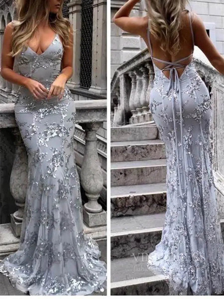 Sparkly Gold Sequin Mermaid Prom Dresses Spaghetti Strap Formal Dresses FD1683-prom dresses 2025 -Viniodress-Grey-Custom Size-