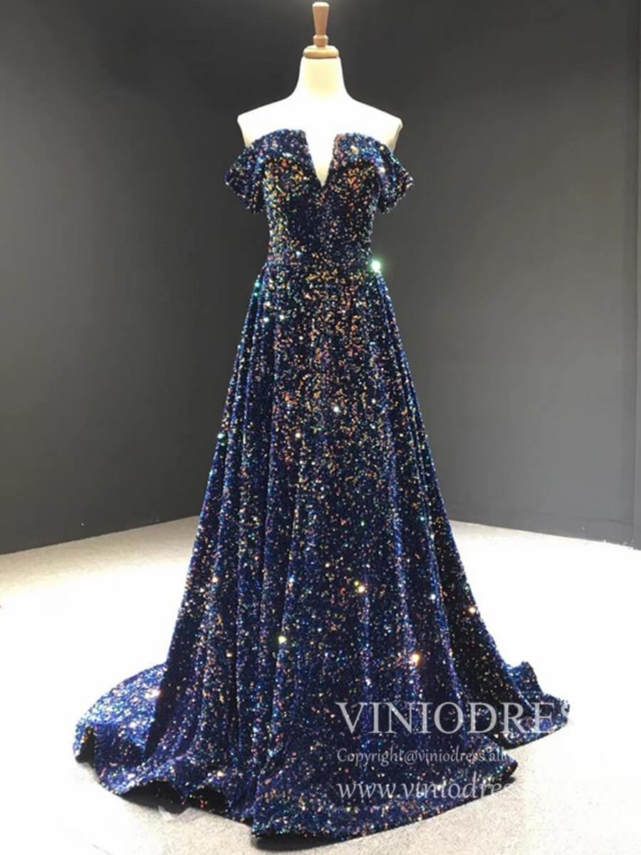 Sparkly Gold Silver Ombre Sequin Long Prom Dresses Off the Shoulder FD1771-prom dresses 2025 -Viniodress-Blue-Custom Size-