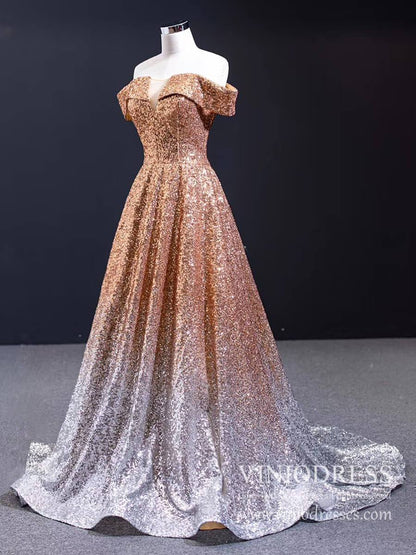 Sparkly Gold Silver Ombre Sequin Long Prom Dresses Off the Shoulder FD1771-prom dresses 2025 -Viniodress-Gold-Custom Size-