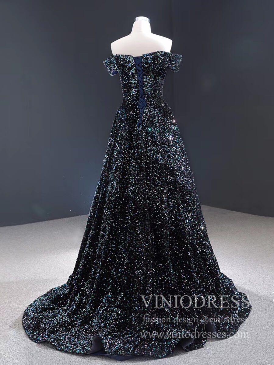 Sparkly Gold Silver Ombre Sequin Long Prom Dresses Off the Shoulder FD1771-prom dresses 2025 -Viniodress-Gold-Custom Size-