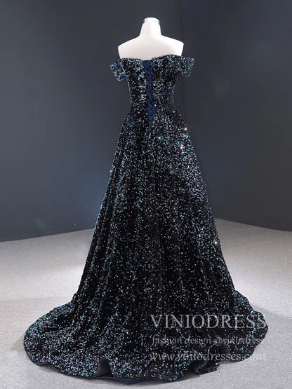 Sparkly Gold Silver Ombre Sequin Long Prom Dresses Off the Shoulder FD1771-prom dresses 2025 -Viniodress-Gold-Custom Size-