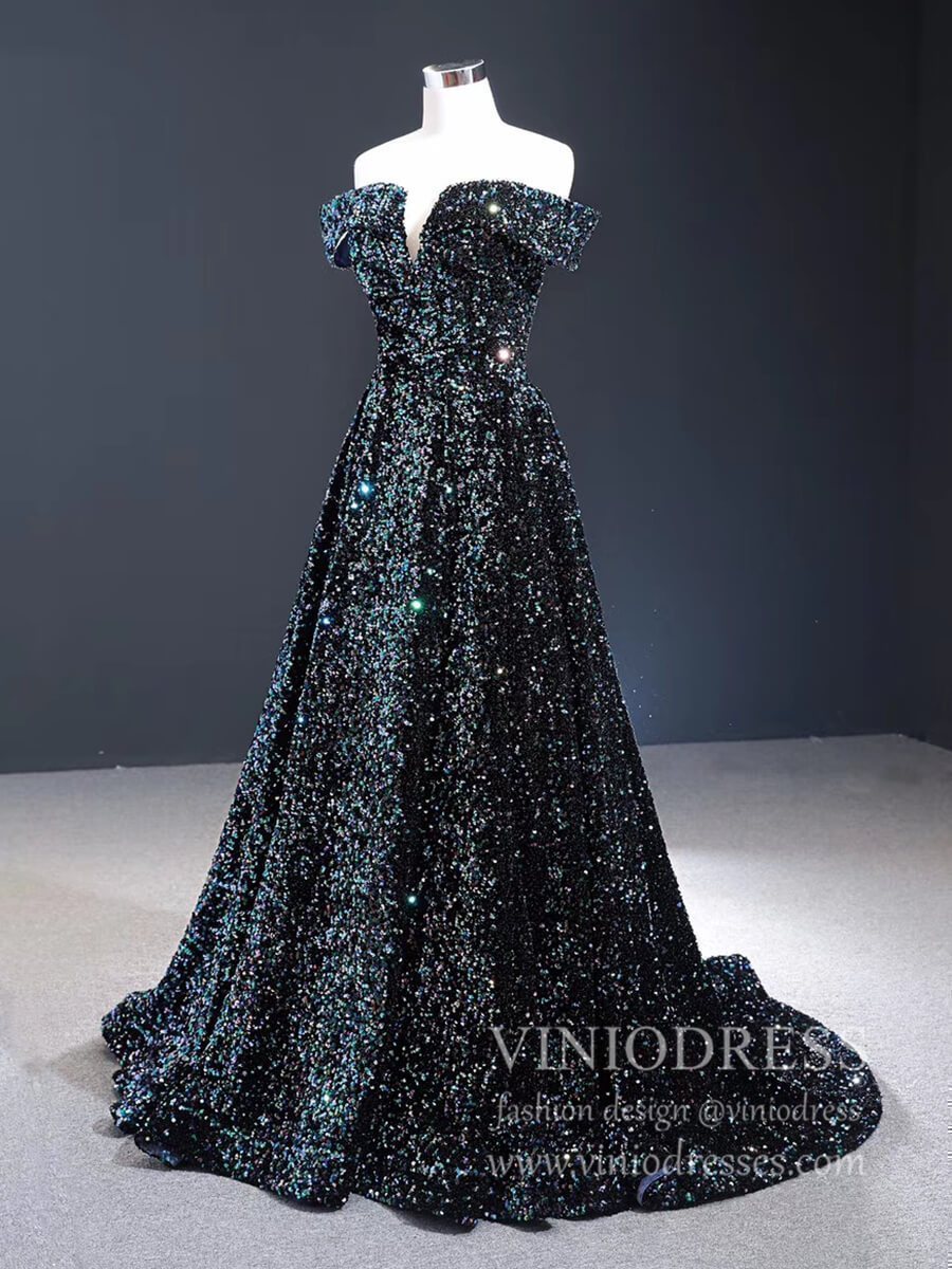 Sparkly Gold Silver Ombre Sequin Long Prom Dresses Off the Shoulder FD1771-prom dresses 2025 -Viniodress-Gold-Custom Size-