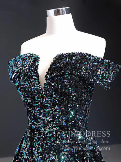 Sparkly Gold Silver Ombre Sequin Long Prom Dresses Off the Shoulder FD1771-prom dresses 2025 -Viniodress-Gold-Custom Size-