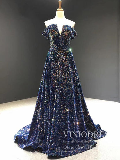 Sparkly Gold Silver Ombre Sequin Long Prom Dresses Off the Shoulder FD1771-prom dresses 2025 -Viniodress-Blue-Custom Size-