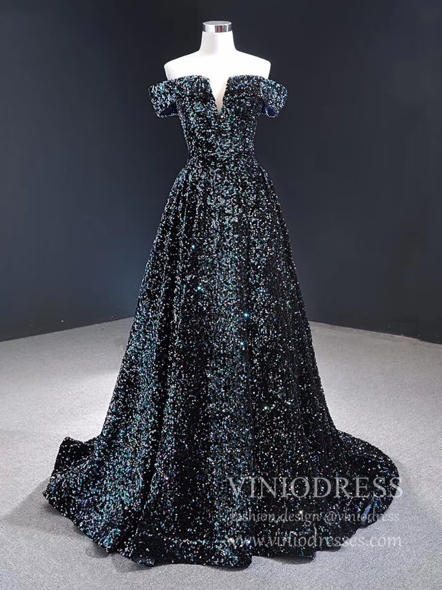 Sparkly Gold Silver Ombre Sequin Long Prom Dresses Off the Shoulder FD Viniodress Sparkly Gold Silver Ombre Sequin Long Prom Dresses Off the Shoulder FD Viniodress