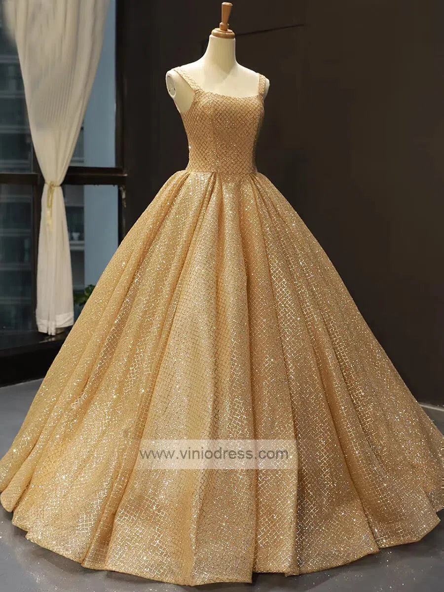 Sparkly Gold Sweet 16 Dresses Broad Strap Golden Quinceanera Dress 66731-prom dresses 2025 -Viniodress-Gold-Custom Size-