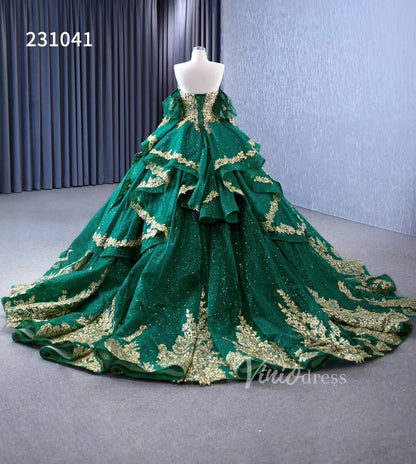 Sparkly Green Ball Gowns Gold Lace Appliqued Wedding Dresses with Sleeves 231041-Quinceanera Dresses 2025 -Viniodress-Emerald Green-Custom Size-