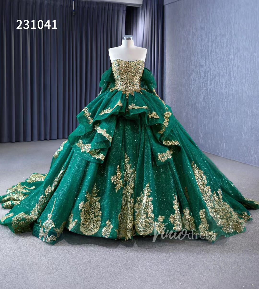 Sparkly Green Ball Gowns Gold Lace Appliqued Wedding Dresses with Sleeves 231041-Quinceanera Dresses-Viniodress-Viniodress