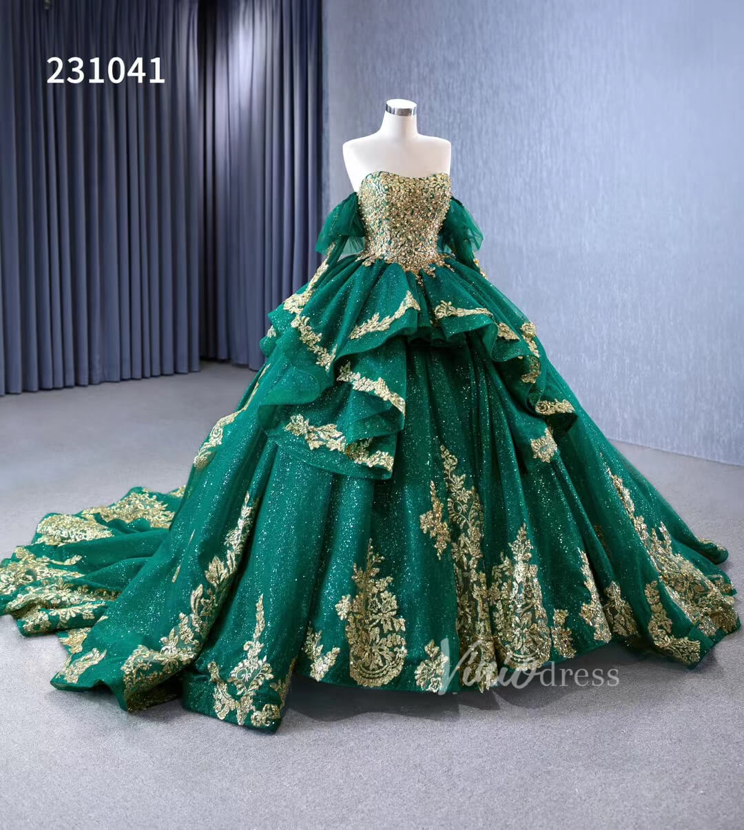 Sparkly Green Ball Gowns Gold Lace Appliqued Wedding Dresses with Sleeves 231041-Quinceanera Dresses-Viniodress-Viniodress