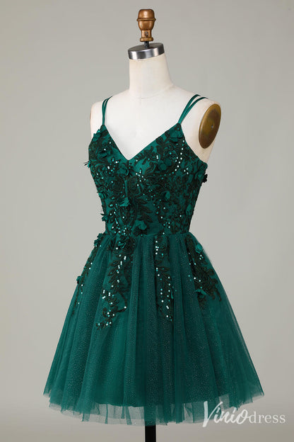 Sparkly Green Lace Applique Homecoming Dresses Spaghetti Strap Back to School Dress S24010-prom dresses 2025 -Viniodress-Green-Custom Size-