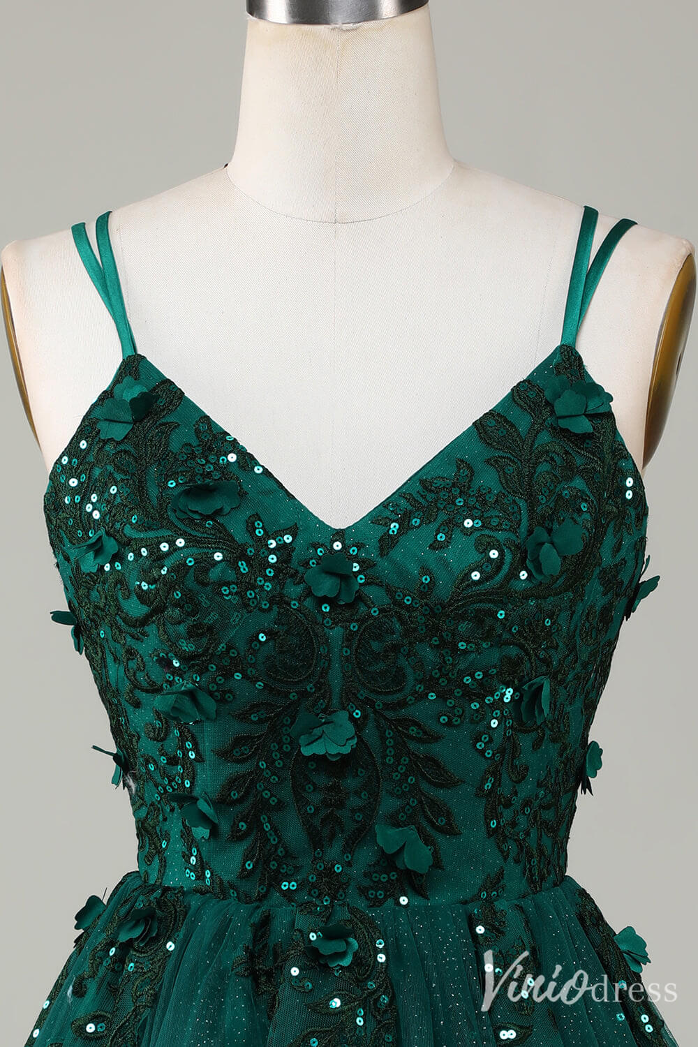 Sparkly Green Lace Applique Homecoming Dresses Spaghetti Strap Back to School Dress S24010-prom dresses 2025 -Viniodress-Green-Custom Size-