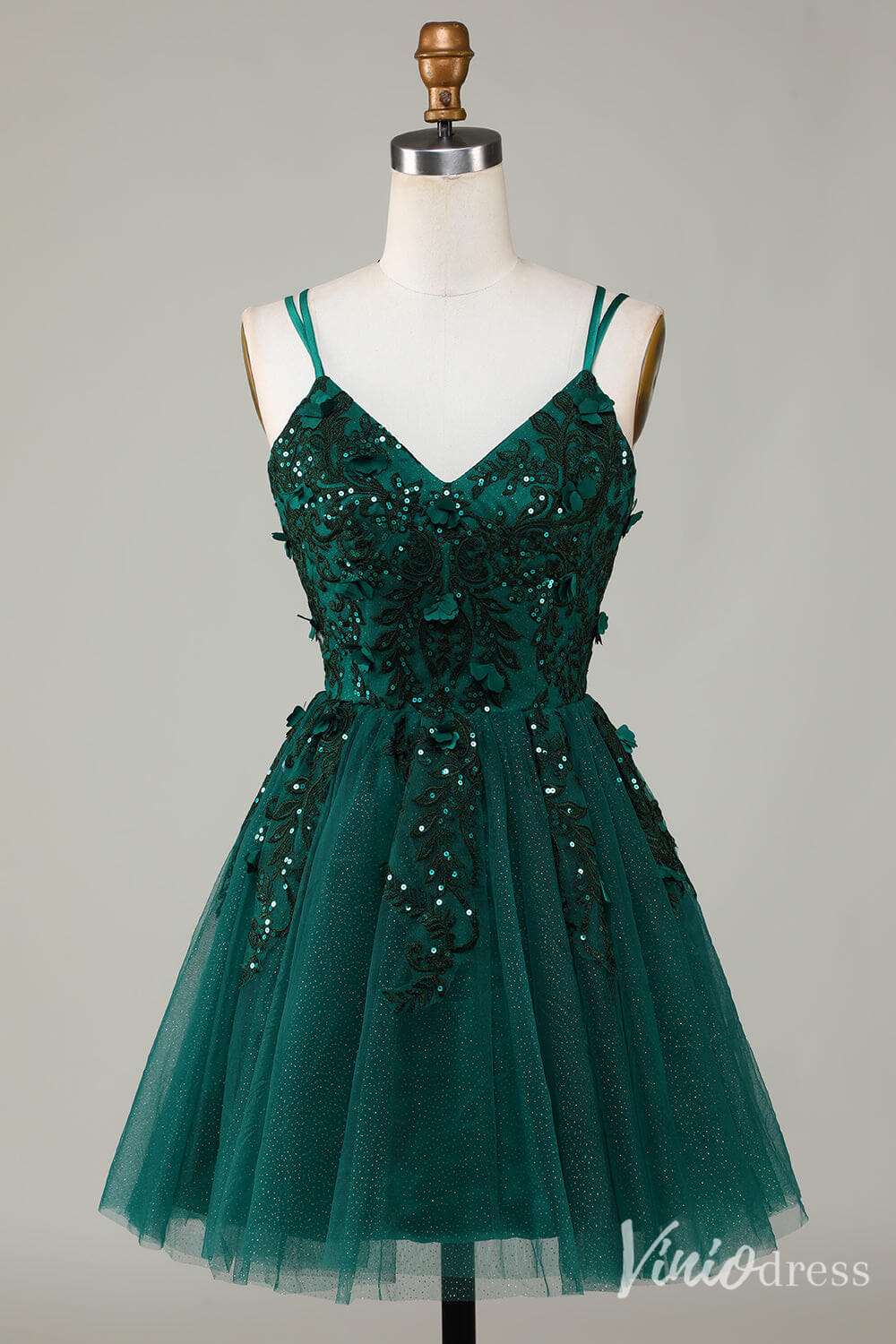 Sparkly Green Lace Applique Homecoming Dresses Spaghetti Strap Back to School Dress S24010-prom dresses-Viniodress-Green-Custom Size-Viniodress