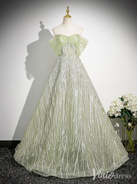 Sparkly Green Off the Shoulder Prom Dresses Beaded Lace Evening Gown AD1341-prom dresses 2025 -Viniodress-Green-Custom Size-