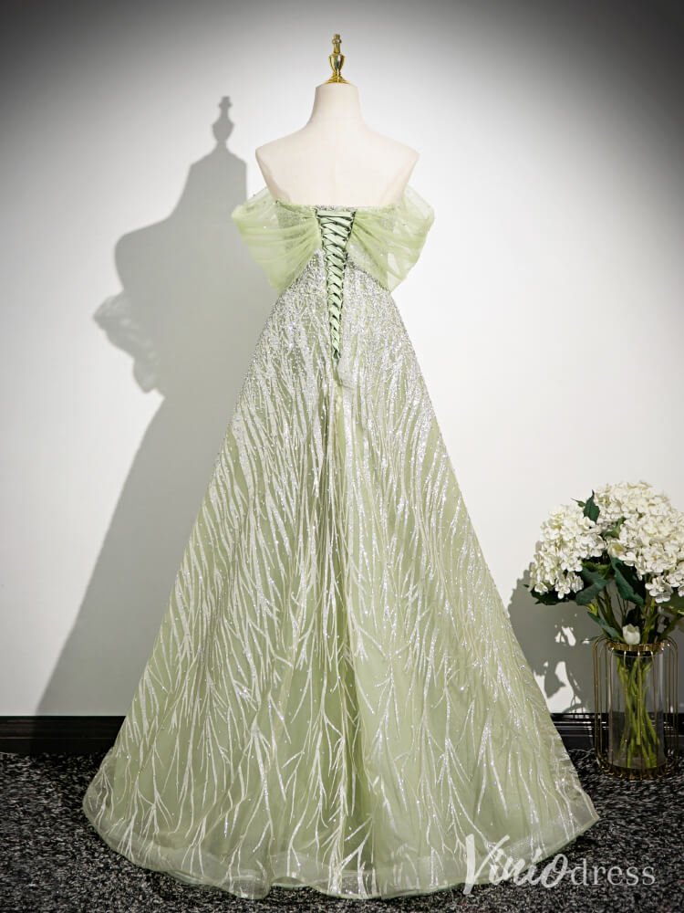 Sparkly Green Off the Shoulder Prom Dresses Beaded Lace Evening Gown AD1341-prom dresses 2025 -Viniodress-Green-Custom Size-