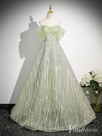 Sparkly Green Off the Shoulder Prom Dresses Beaded Lace Evening Gown AD1341-prom dresses 2025 -Viniodress-Green-Custom Size-