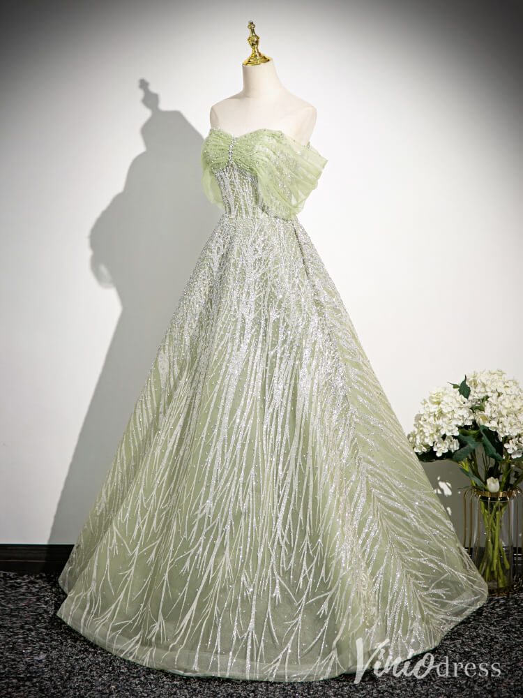 Sparkly Green Off the Shoulder Prom Dresses Beaded Lace Evening Gown AD1341-prom dresses-Viniodress-Viniodress