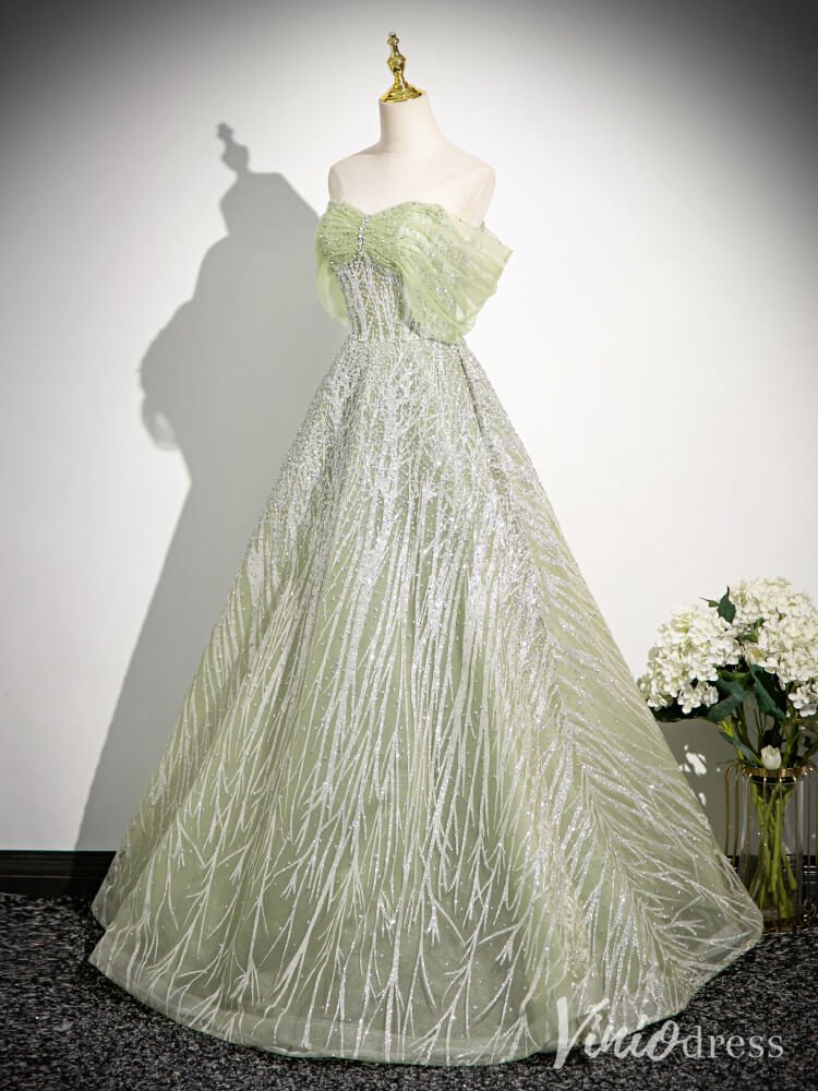 Sparkly Green Off the Shoulder Prom Dresses Beaded Lace Evening Gown AD1341 - Viniodressprom dressesGreenCustom Size - Formal Dresses - Ball Gowns