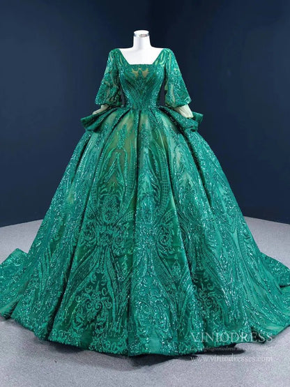 Sparkly Green Sequin Lace Prom Ball Gown Princess Dress with 3/4 Puff Sleeves 67223 viniodress-Quinceanera Dresses 2025 -Viniodress-As Picture-Custom Size-