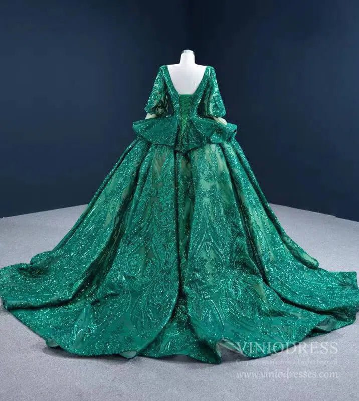 Sparkly Green Sequin Lace Prom Ball Gown Princess Dress with 3/4 Puff Sleeves 67223 viniodress-Quinceanera Dresses 2025 -Viniodress-As Picture-Custom Size-