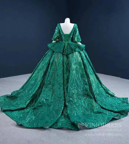 Sparkly Green Sequin Lace Prom Ball Gown Princess Dress with 3/4 Puff Sleeves 67223 viniodress-Quinceanera Dresses 2025 -Viniodress-As Picture-Custom Size-