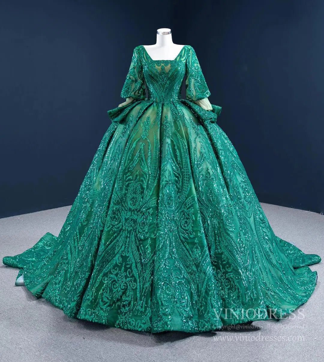 Sparkly Green Sequin Lace Prom Ball Gown Princess Dress with 3/4 Puff Sleeves 67223 viniodress-Quinceanera Dresses 2025 -Viniodress-As Picture-Custom Size-