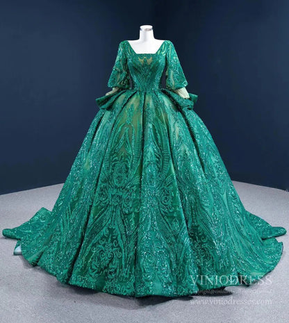 Sparkly Green Sequin Lace Prom Ball Gown Princess Dress with 3/4 Puff Sleeves 67223 viniodress-Quinceanera Dresses 2025 -Viniodress-As Picture-Custom Size-