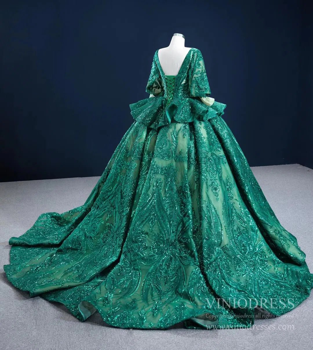 Sparkly Green Sequin Lace Prom Ball Gown Princess Dress with 3/4 Puff Sleeves 67223 viniodress-Quinceanera Dresses 2025 -Viniodress-As Picture-Custom Size-