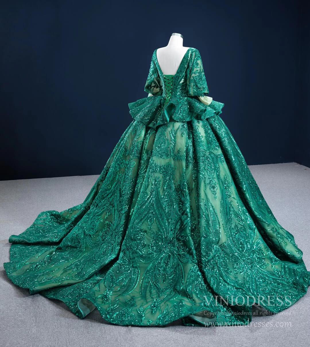 Prom Dress 2025 Sparkly Green Sequin Lace Prom Ball Gown Princess Dress with 3/4 Puff Sleeves 67223 viniodress-unique Quinceanera Dresses-As Picture-Custom Size-Viniodress