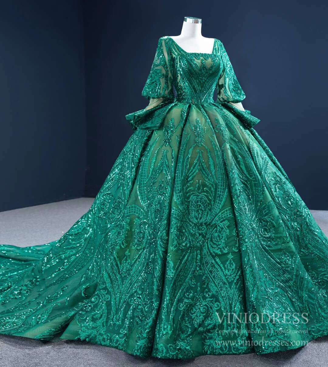 Prom Dress 2025 Sparkly Green Sequin Lace Prom Ball Gown Princess Dress with 3/4 Puff Sleeves 67223 viniodress-unique Quinceanera Dresses-As Picture-Custom Size-Viniodress