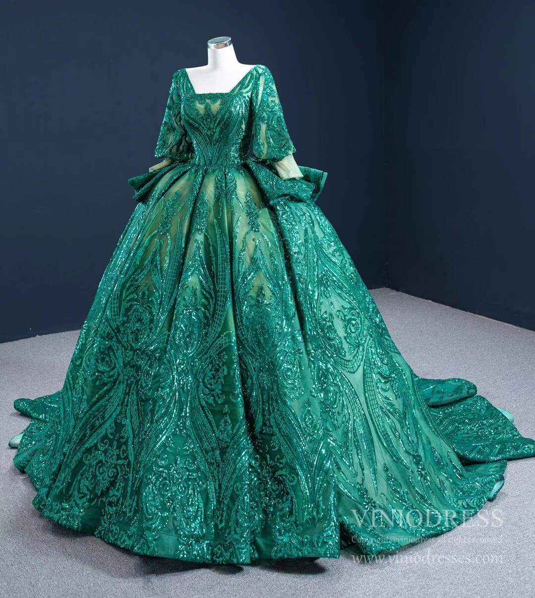 Prom Dress 2025 Sparkly Green Sequin Lace Prom Ball Gown Princess Dress with 3/4 Puff Sleeves 67223 viniodress-unique Quinceanera Dresses-As Picture-Custom Size-Viniodress