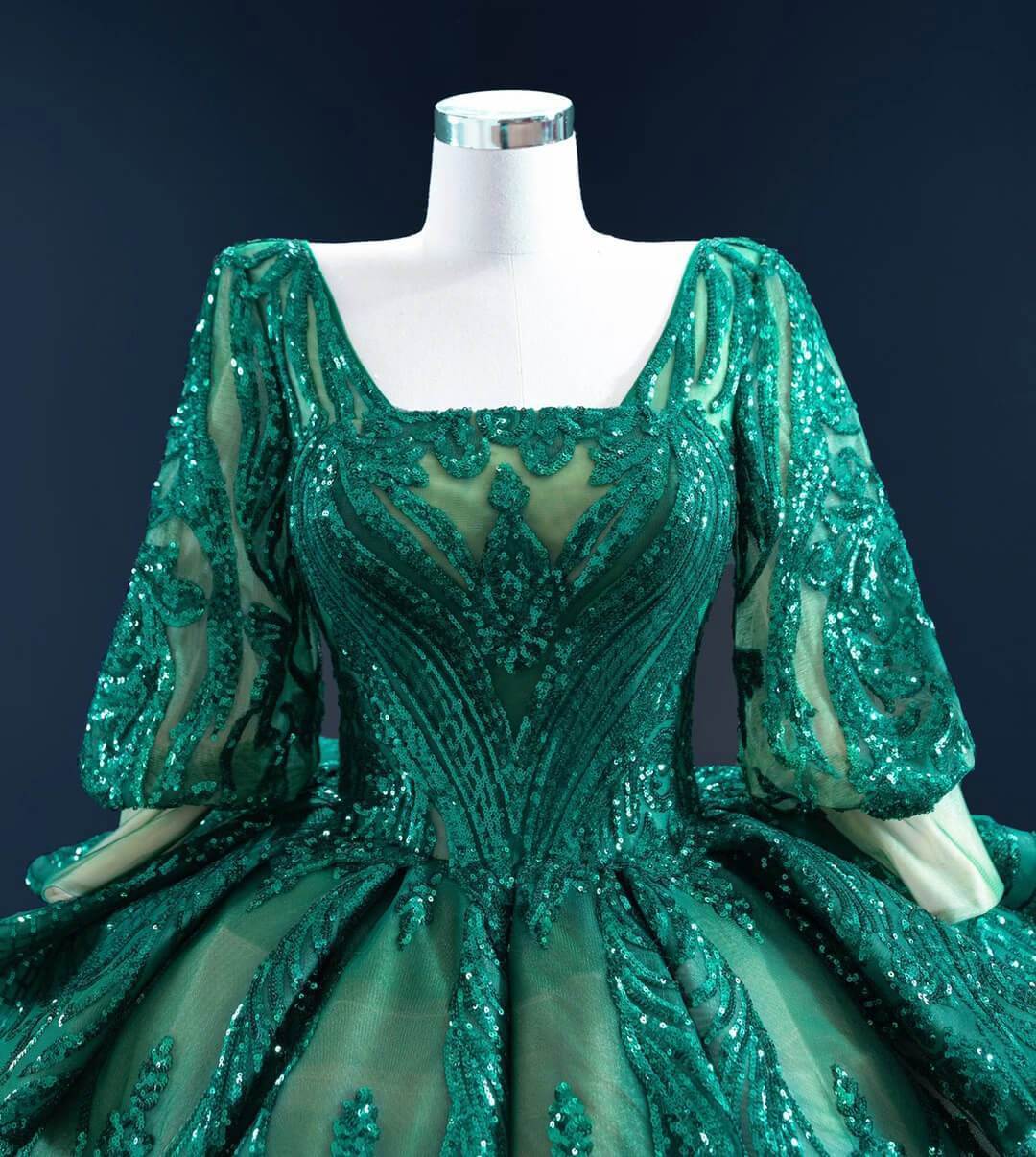 Prom Dress 2025 Sparkly Green Sequin Lace Prom Ball Gown Princess Dress with 3/4 Puff Sleeves 67223 viniodress-unique Quinceanera Dresses-As Picture-Custom Size-Viniodress