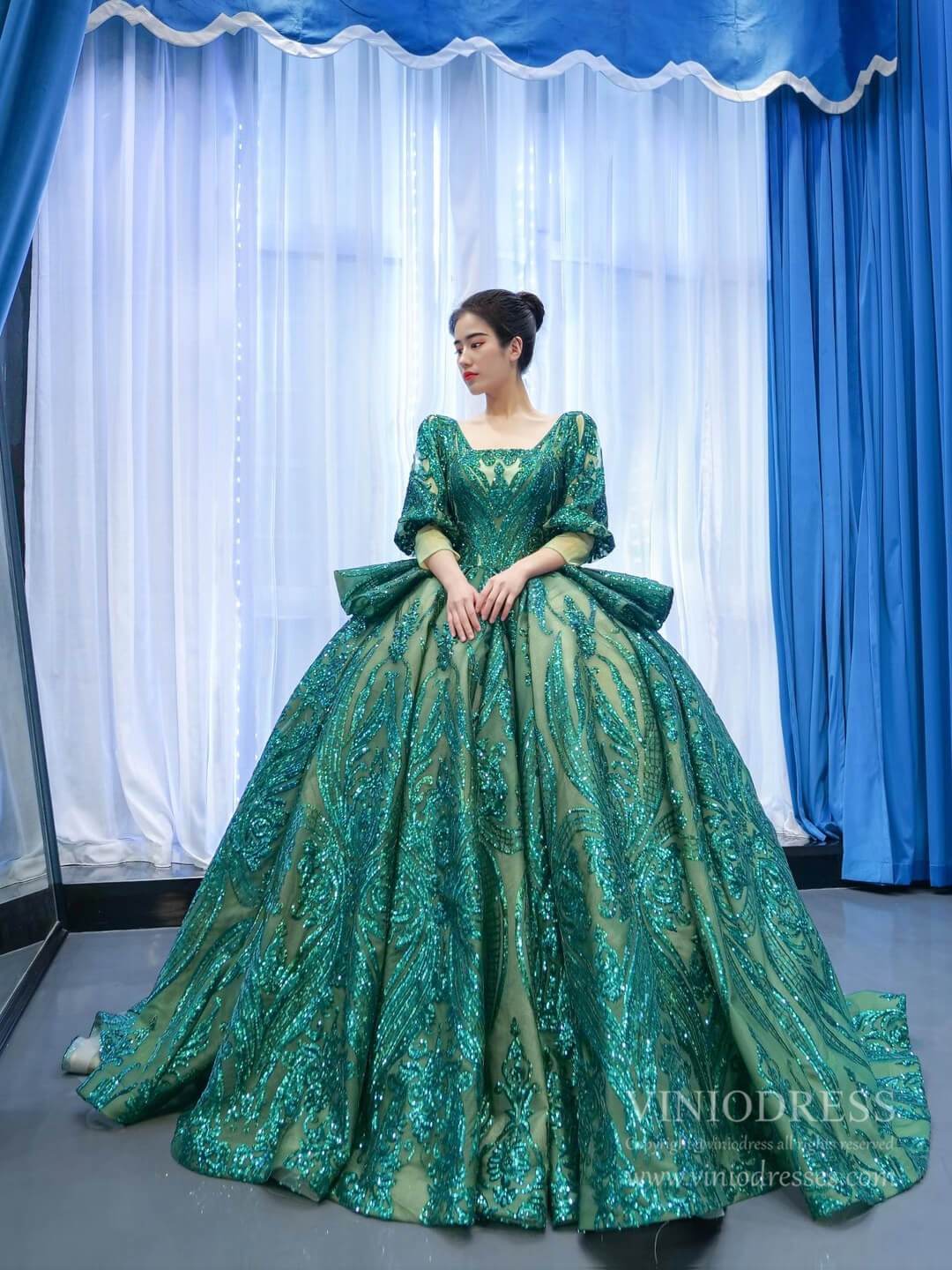 Prom Dress 2025 Sparkly Green Sequin Lace Prom Ball Gown Princess Dress with 3/4 Puff Sleeves 67223 viniodress-unique Quinceanera Dresses-As Picture-Custom Size-Viniodress