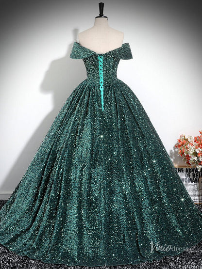 Sparkly Green Sequin Prom Ball Gown Off the Shoulder Quinceanera Dresses BG025-prom dresses 2025 -Viniodress-Green-Custom Size-