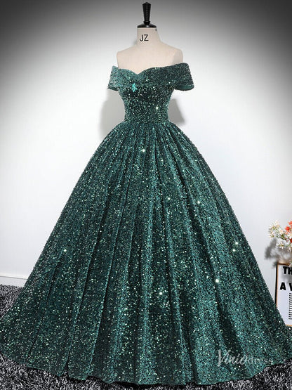 Sparkly Green Sequin Prom Ball Gown Off the Shoulder Quinceanera Dresses BG025-prom dresses 2025 -Viniodress-Green-Custom Size-