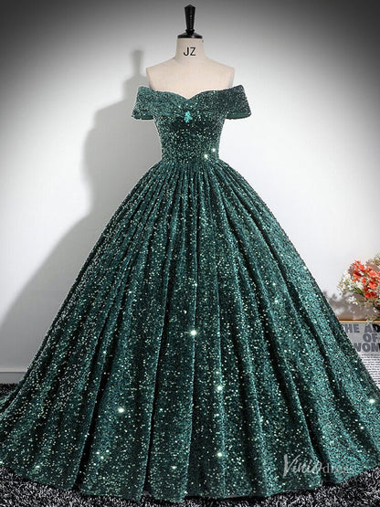 Sparkly Green Sequin Prom Ball Gown Off the Shoulder Quinceanera Dresses BG025-prom dresses 2025 -Viniodress-Green-Custom Size-